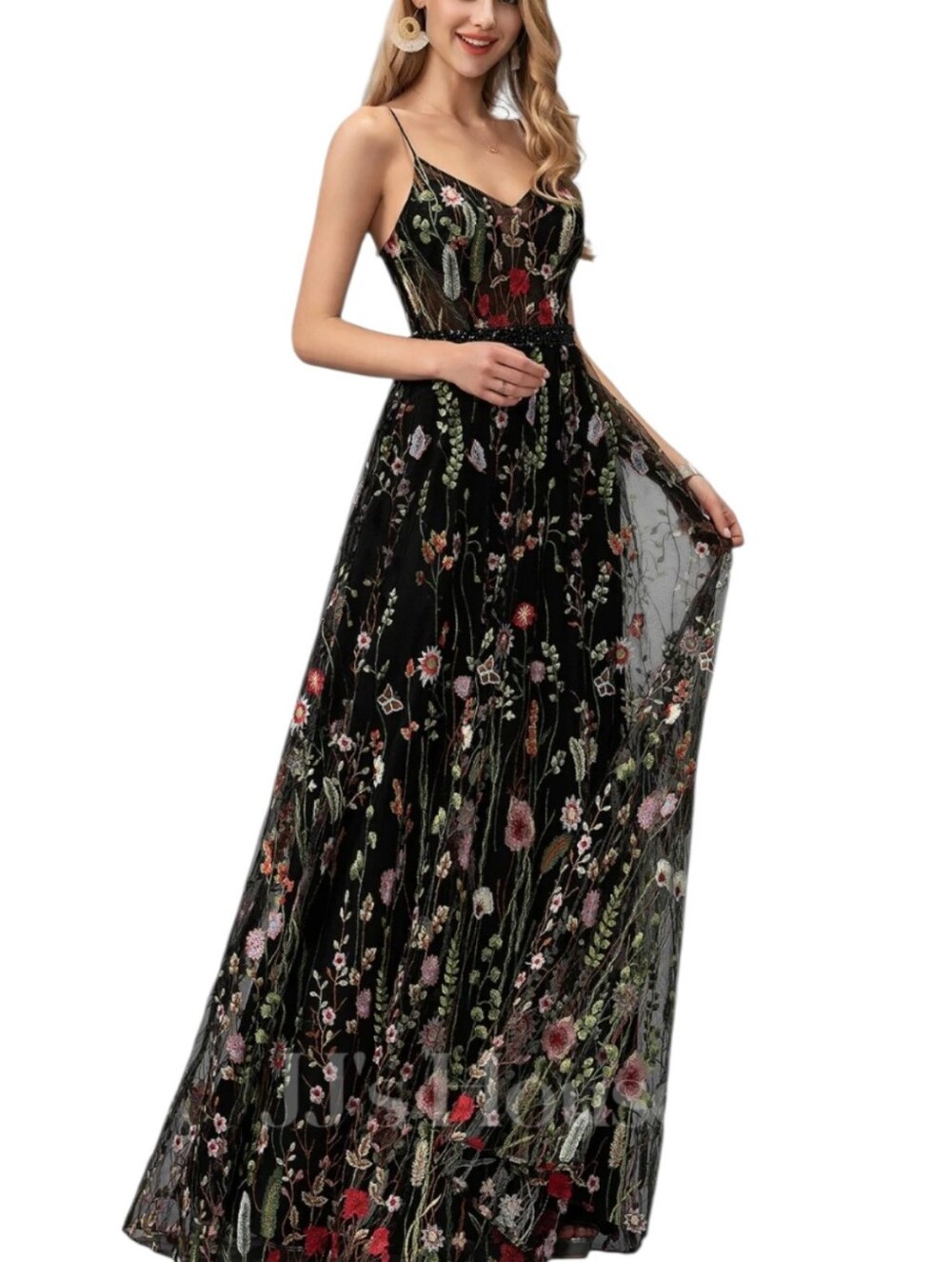 JJs House Shona Black Mesh Floral Embroidered Maxi Formal Prom Dress Size S
